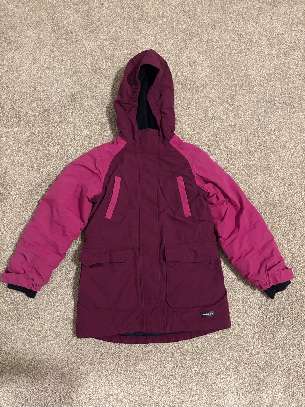 Lands' End Two-Tone Berry and Magenta Hooded Winter Coat